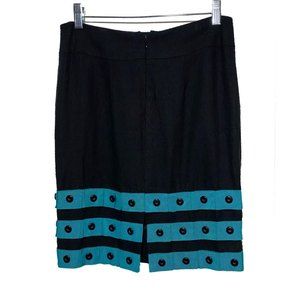 Carlisle Black and Turquoise 100% Silk Button Detail Pencil Mini Skirt Size 2.